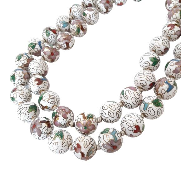 Vintage Chinese Cloisonné Bead Necklace Hand Knotted Enamel Flower Champleve - Picture 4 of 10